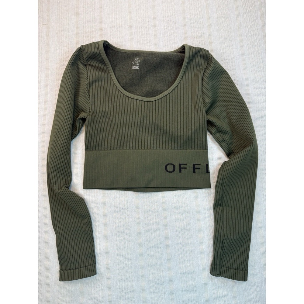 OFFLINE‎ Aerie Crop Top Ribbed Long Sleeve Olive Green Fitted Athleisure S